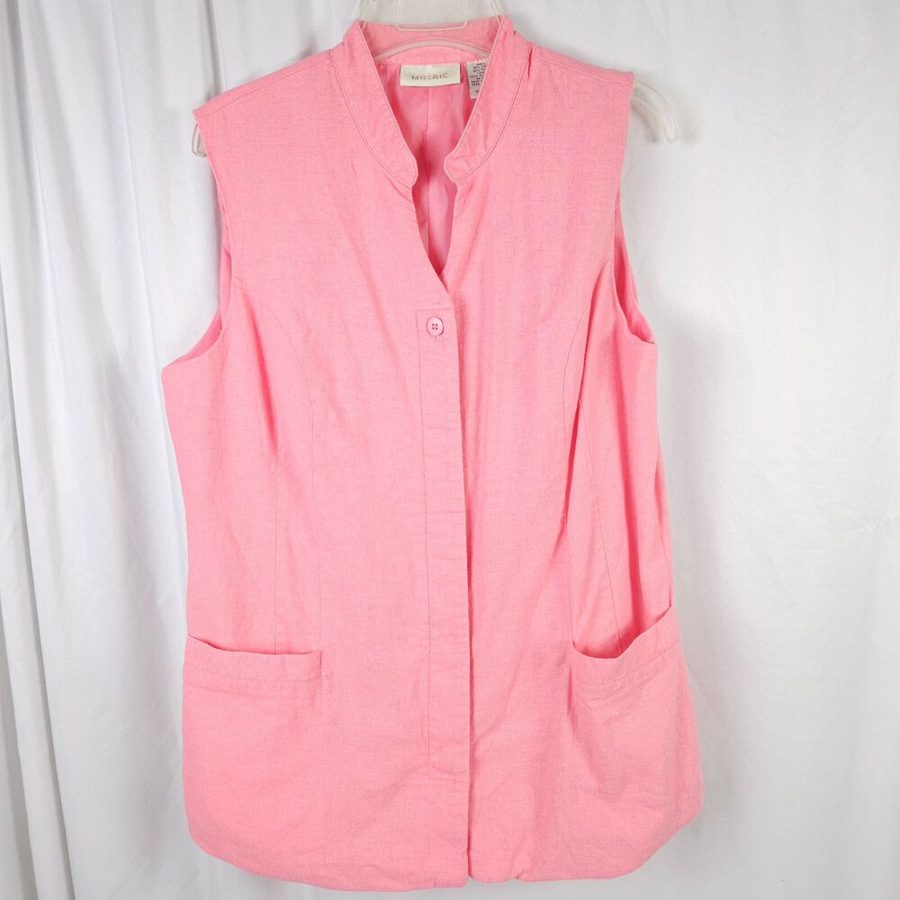 Vintage Mosaic Pink Sleeveless Linen Blend Button Down Vest Womens 16